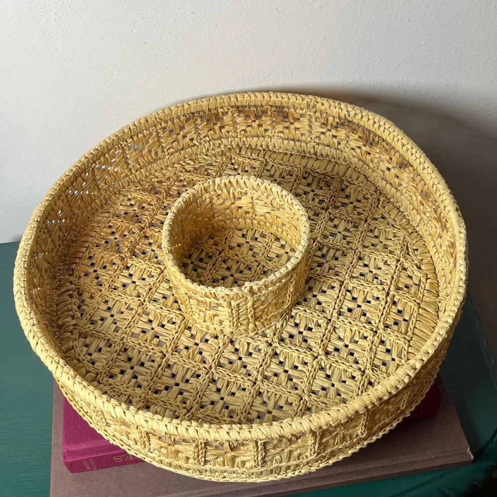 Vintage MCM‎ Woven Straw Chip and Dip Basket Serving Tray 1960's Retro Natural